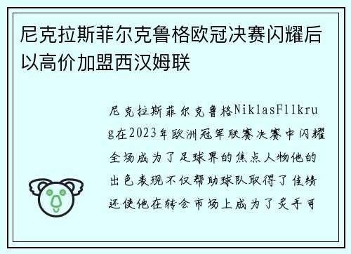 尼克拉斯菲尔克鲁格欧冠决赛闪耀后以高价加盟西汉姆联